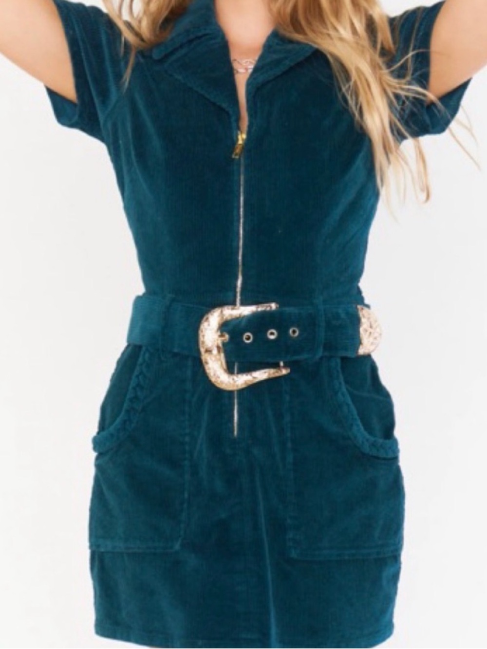 Show Me Your MuMu Teal Corduroy Mini Dress with Gold Buckle